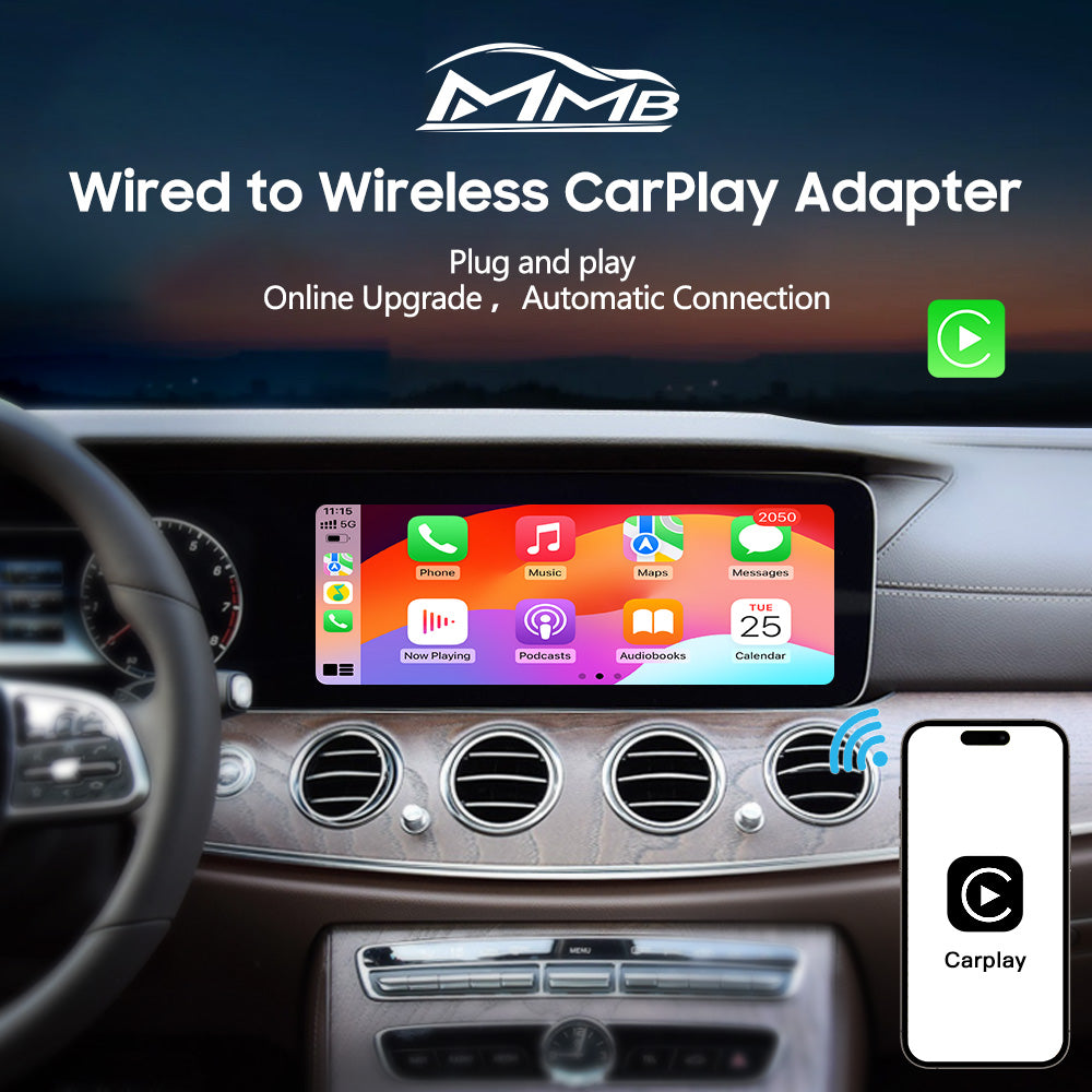 MMB Mini 2.0 wired to wireless CarPlay adapter showing CarPlay on car dashboard