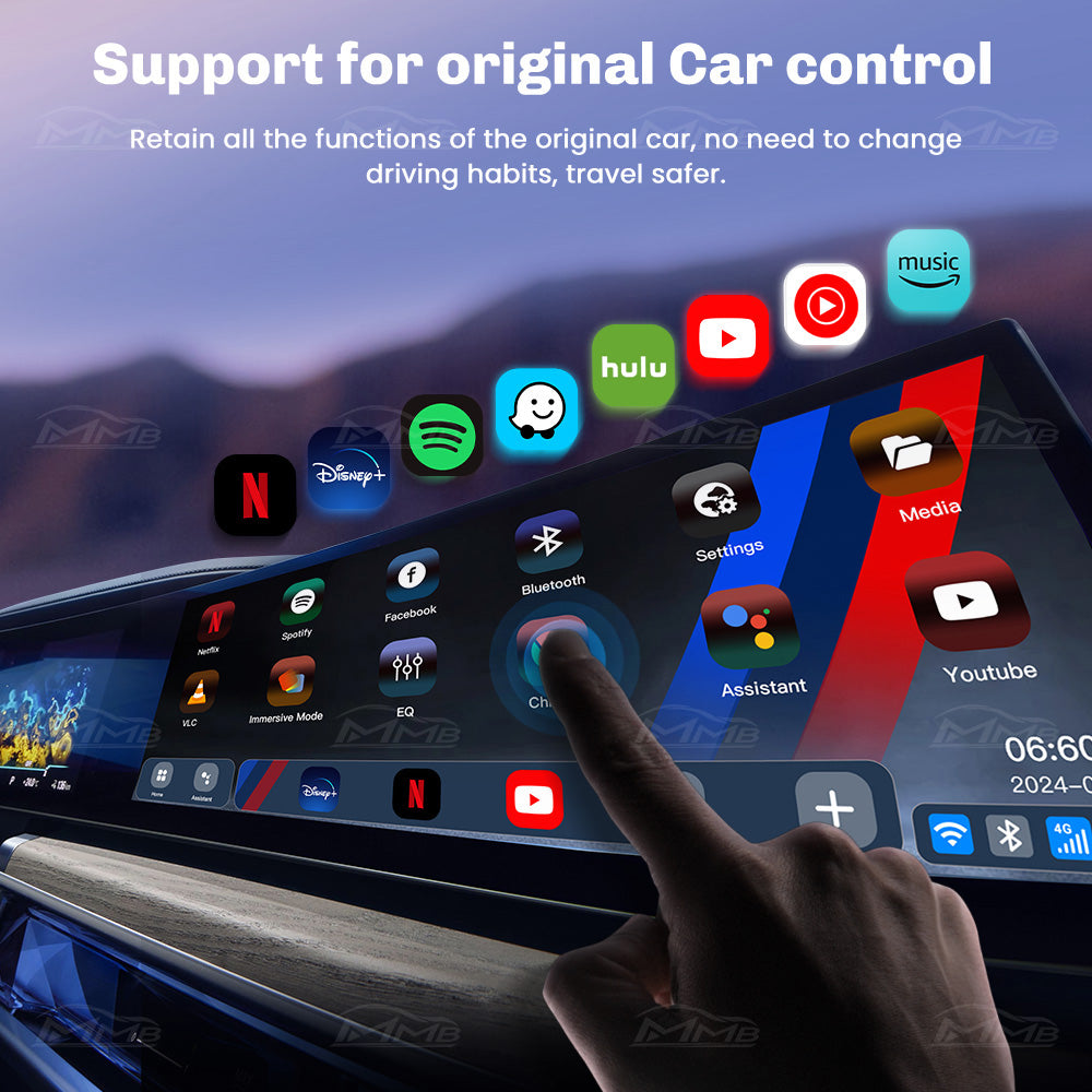 BMW infotainment screen showing wireless CarPlay and Android Auto apps while retaining original car controls