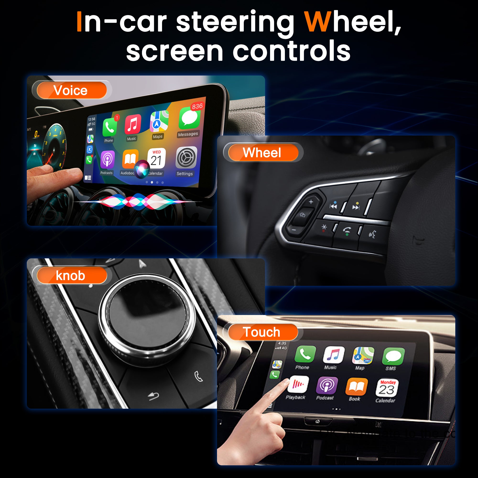 MMB car adapter supporting multiple control methods including voice, steering wheel buttons, central knob, and touchscreen gestures.