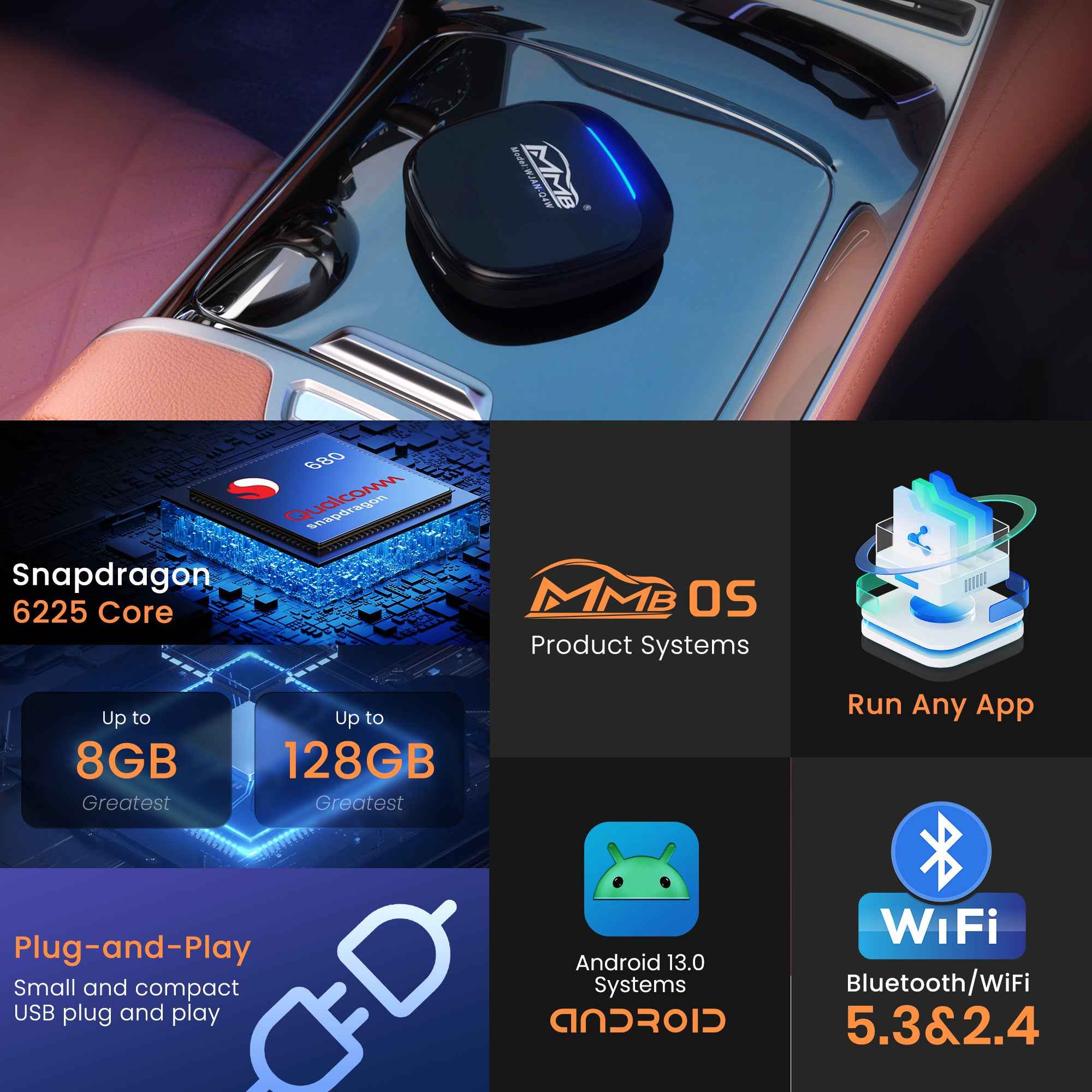 MMB Max 5.0 Ai Box Android 13 Multimedia Wireless Carplay Adapter