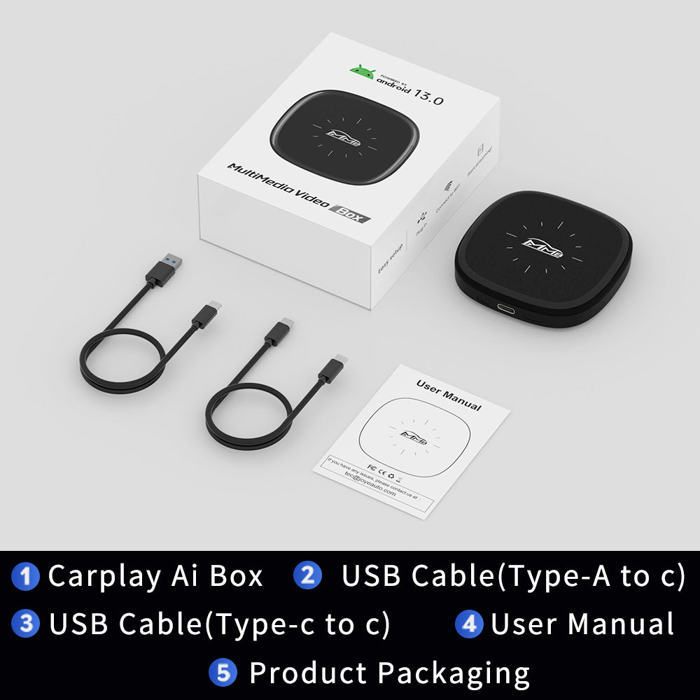 MMB PRO Q2W AI Box accessories shown with cables, manual and retail packaging