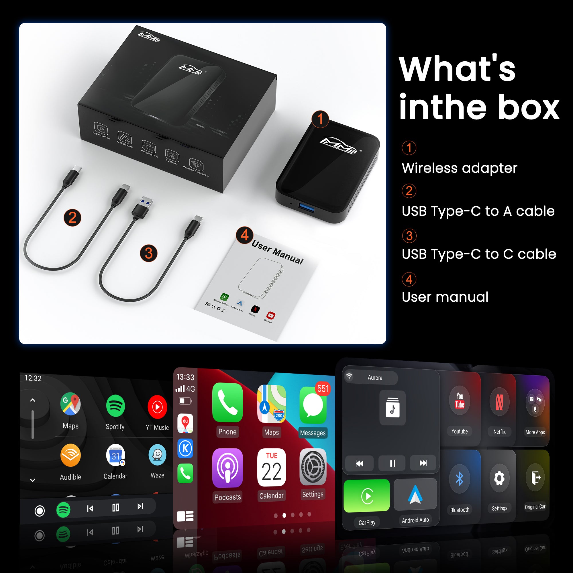 MMB UC-3 PRO multimedia video box for OEM CarPlay to video playback, supporting Wireless Android Auto, Wireless CarPlay, and customized Android system.